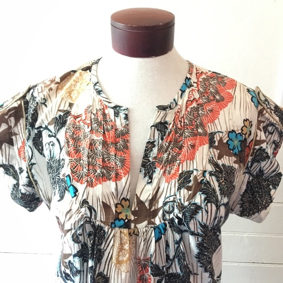 Hawaiian Floral Boho Gold Trim Pleated Yoke A-Line Boho Chic Blouse Billtornade - Picture 6 of 9
